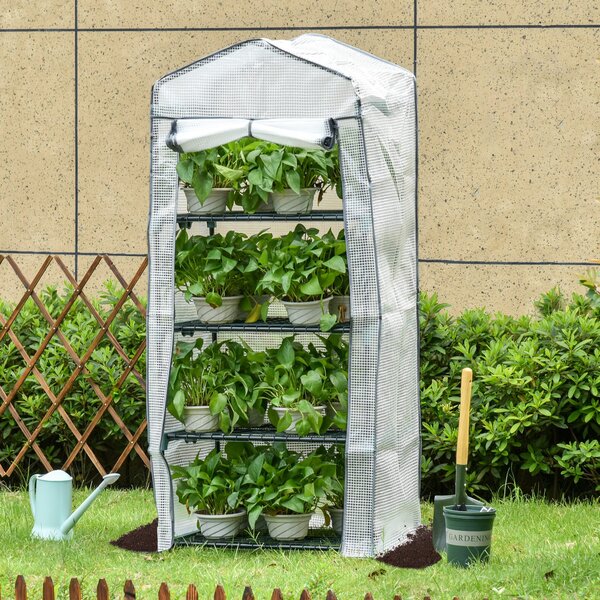 Outsunny Portable Mini Greenhouse, 4 Tier, Metal Frame with PE Cover, Plant Grow Shed, 160H x 70L x 50W cm, White. Aosom UK