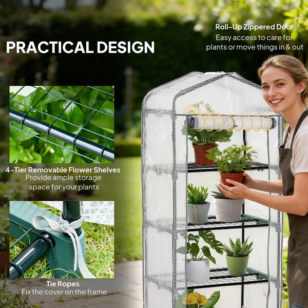 Outsunny Portable Mini Greenhouse, 4 Tier, Metal Frame with PE Cover, Plant Grow Shed, 160H x 70L x 50W cm, White. Aosom UK