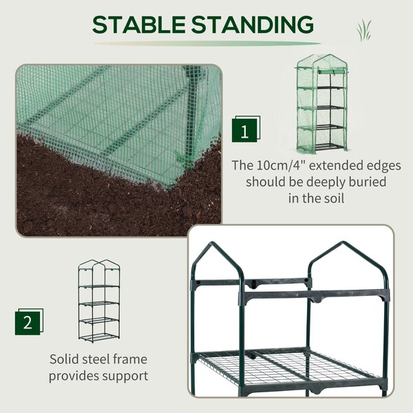 Outsunny Mini Greenhouse 4 Tier, Portable with Steel Frame, PE Cover, Roll-up Door, 70 x 50 x 160 cm, Green Aosom UK