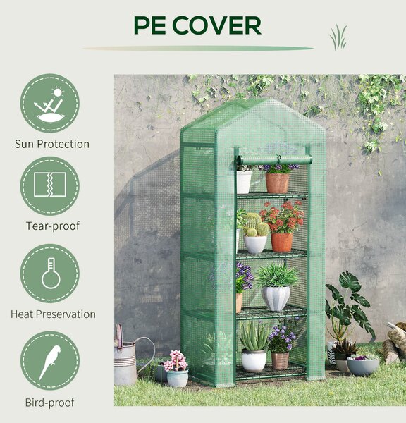 Outsunny Mini Greenhouse 4 Tier, Portable with Steel Frame, PE Cover, Roll-up Door, 70 x 50 x 160 cm, Green Aosom UK