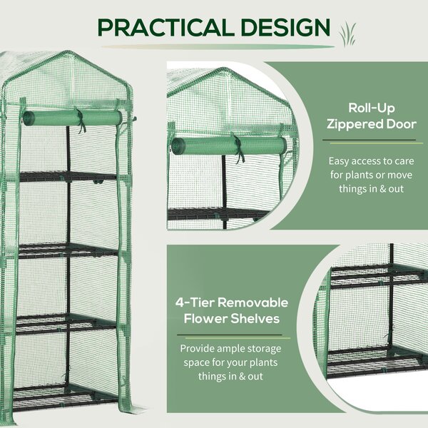 Outsunny Mini Greenhouse 4 Tier, Portable with Steel Frame, PE Cover, Roll-up Door, 70 x 50 x 160 cm, Green Aosom UK