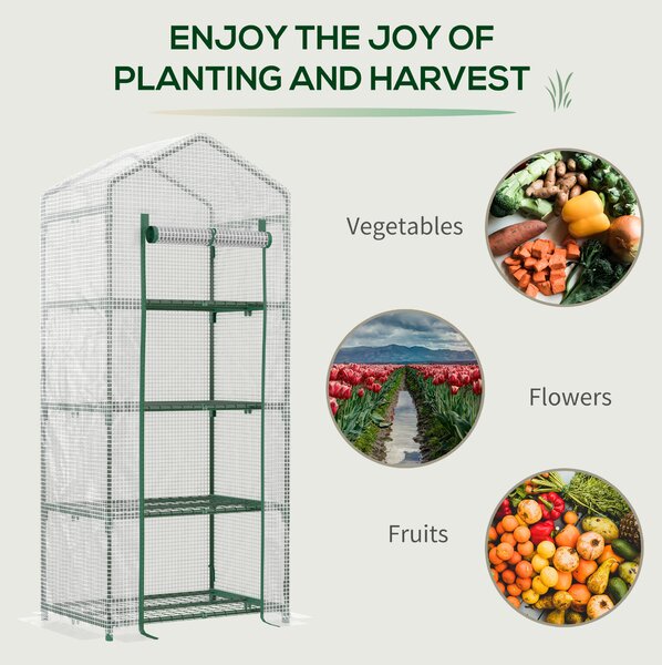 Outsunny 4 Tier Mini Greenhouse, Portable Green House with Steel Frame, PE Cover, Roll-up Door, 70 x 50 x 160 cm, White Aosom UK