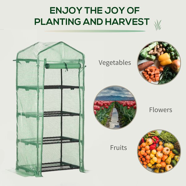 Outsunny Mini Greenhouse 4 Tier, Portable with Steel Frame, PE Cover, Roll-up Door, 70 x 50 x 160 cm, Green Aosom UK