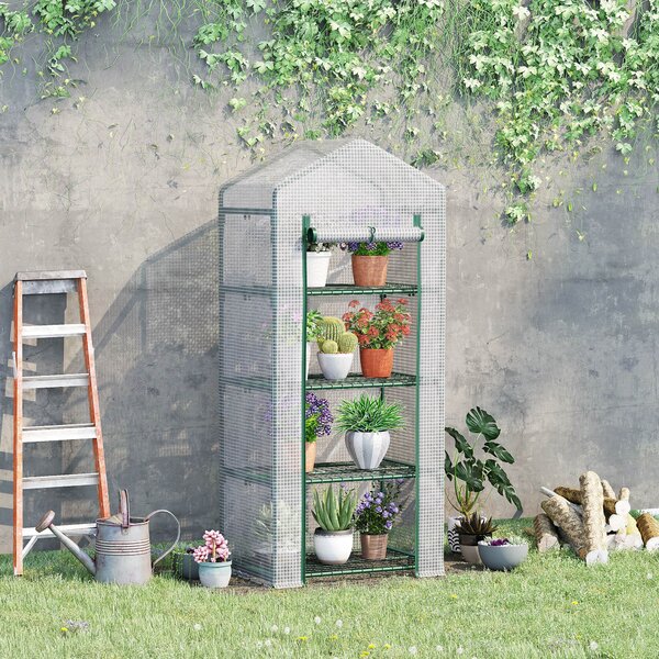 Outsunny 4 Tier Mini Greenhouse, Portable Green House with Steel Frame, PE Cover, Roll-up Door, 70 x 50 x 160 cm, White Aosom UK