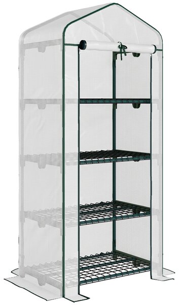 Outsunny 4 Tier Mini Greenhouse, Portable Green House with Steel Frame, PE Cover, Roll-up Door, 70 x 50 x 160 cm, White Aosom UK
