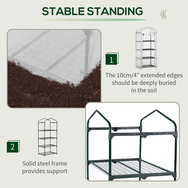 Outsunny 4 Tier Mini Greenhouse, Portable Green House with Steel Frame, PE Cover, Roll-up Door, 70 x 50 x 160 cm, White Aosom UK
