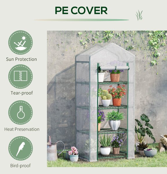 Outsunny 4 Tier Mini Greenhouse, Portable Green House with Steel Frame, PE Cover, Roll-up Door, 70 x 50 x 160 cm, White Aosom UK