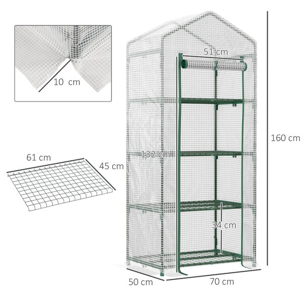 Outsunny 4 Tier Mini Greenhouse, Portable Green House with Steel Frame, PE Cover, Roll-up Door, 70 x 50 x 160 cm, White Aosom UK