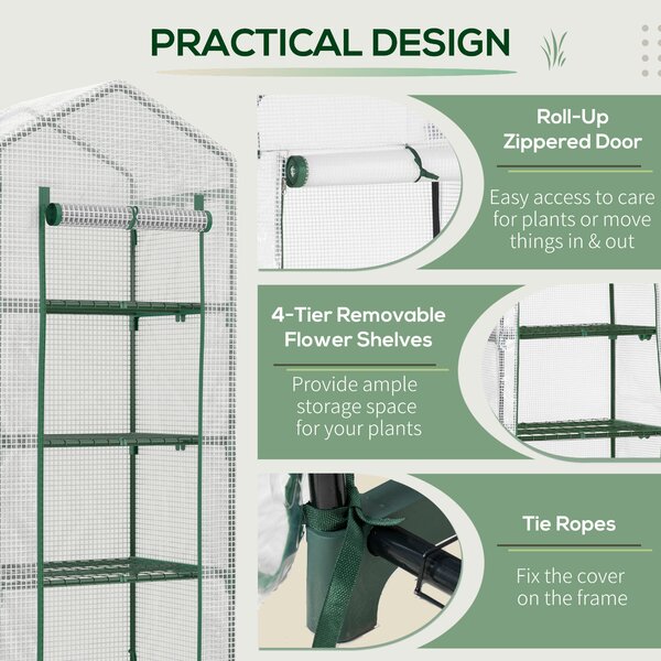 Outsunny 4 Tier Mini Greenhouse, Portable Green House with Steel Frame, PE Cover, Roll-up Door, 70 x 50 x 160 cm, White Aosom UK