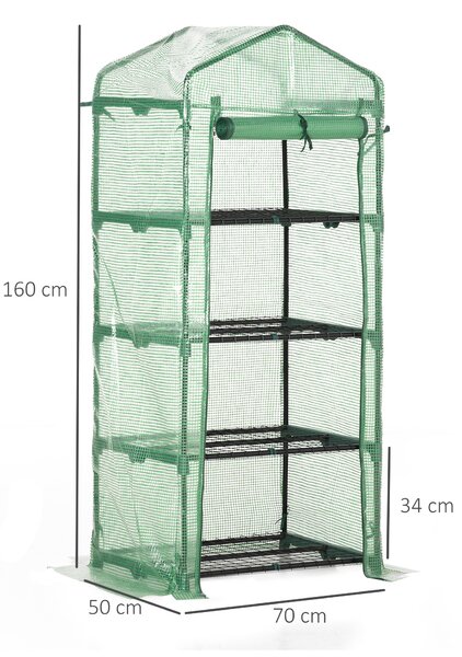 Outsunny Mini Greenhouse 4 Tier, Portable with Steel Frame, PE Cover, Roll-up Door, 70 x 50 x 160 cm, Green Aosom UK