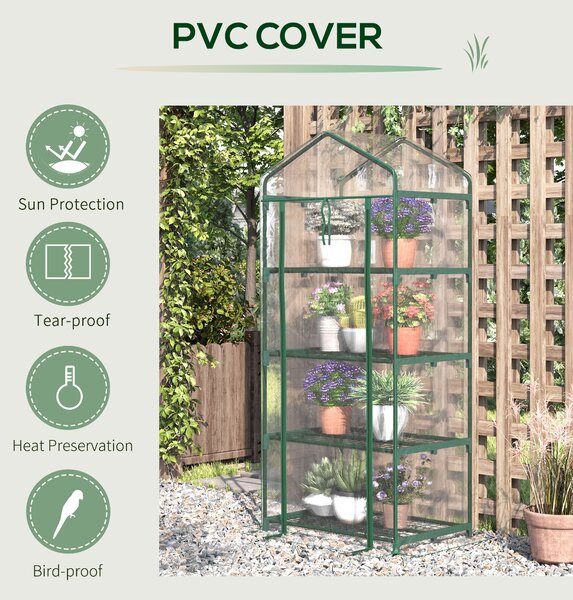 Outsunny 4 Tiers Mini Portable Greenhouse Plant Grow Shed Metal Frame Transparent Clear Cover 160H x 70L x 50Wcm Aosom UK