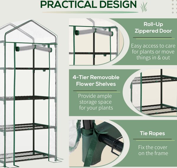 Outsunny 4 Tiers Mini Portable Greenhouse Plant Grow Shed Metal Frame Transparent Clear Cover 160H x 70L x 50Wcm Aosom UK