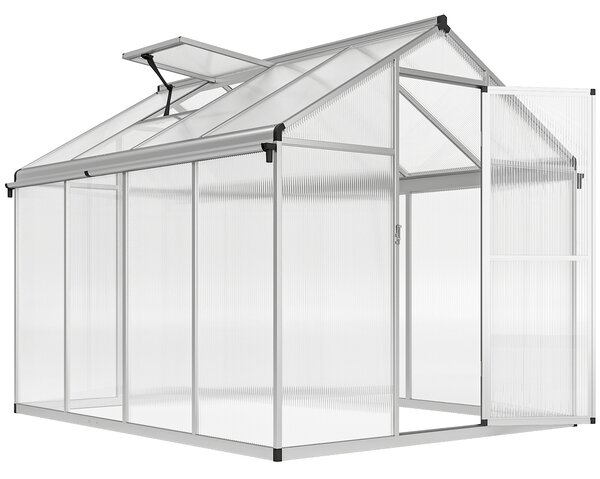 Outsunny 8 x 6 Greenhouse Polycarbonate Greenhouse, Aluminium Frame Walk-In Greenhouse with Rain Gutters and Window, Garden Plants Aosom UK