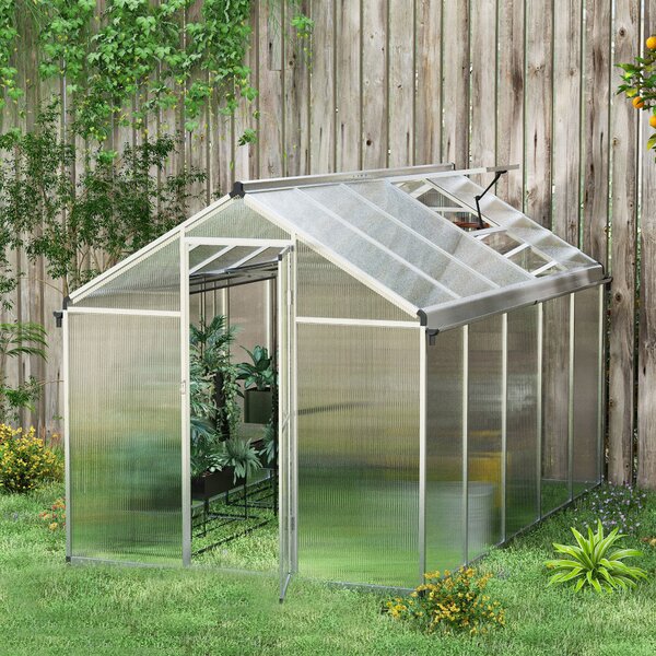 Outsunny 6 x 10ft Polycarbonate Greenhouse with Rain Gutters, Large Walk-In Green House with Window, Garden Plants Grow House with Aluminium