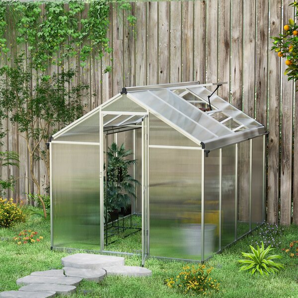 Outsunny 8 x 6 Greenhouse Polycarbonate Greenhouse, Aluminium Frame Walk-In Greenhouse with Rain Gutters and Window, Garden Plants Aosom UK