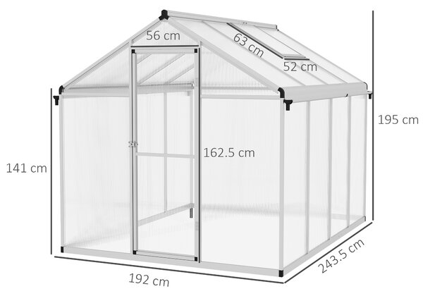Outsunny 8 x 6 Greenhouse Polycarbonate Greenhouse, Aluminium Frame Walk-In Greenhouse with Rain Gutters and Window, Garden Plants Aosom UK