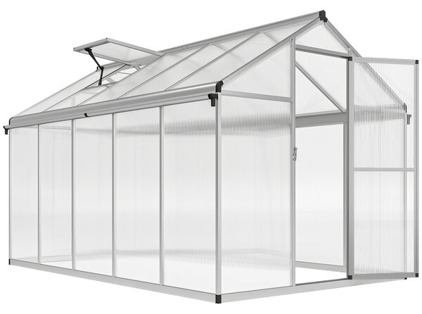 Outsunny 6 x 10ft Polycarbonate Greenhouse with Rain Gutters, Large Walk-In Green House with Window, Garden Plants Grow House with Aluminium