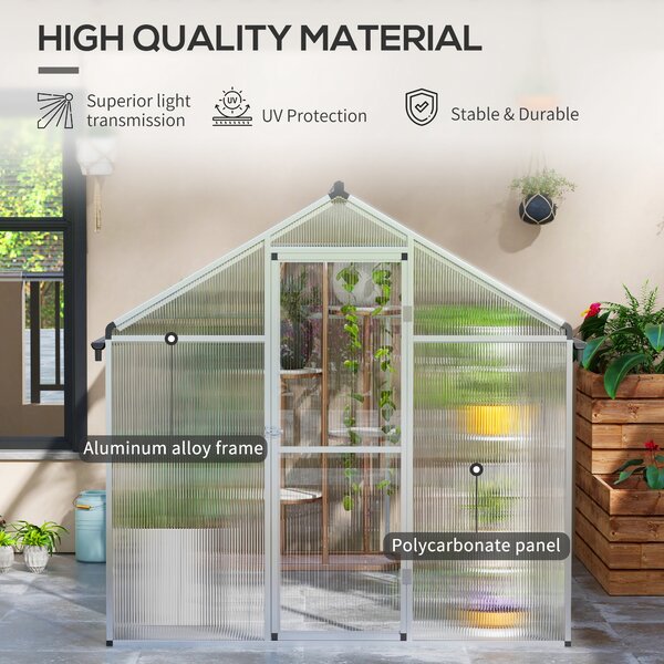 Outsunny 8 x 6 Greenhouse Polycarbonate Greenhouse, Aluminium Frame Walk-In Greenhouse with Rain Gutters and Window, Garden Plants Aosom UK