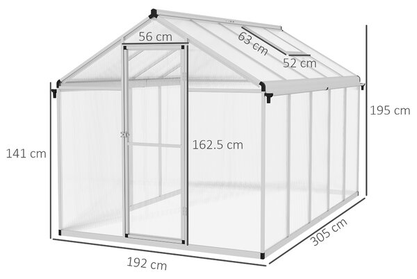 Outsunny 6 x 10ft Polycarbonate Greenhouse with Rain Gutters, Large Walk-In Green House with Window, Garden Plants Grow House with Aluminium
