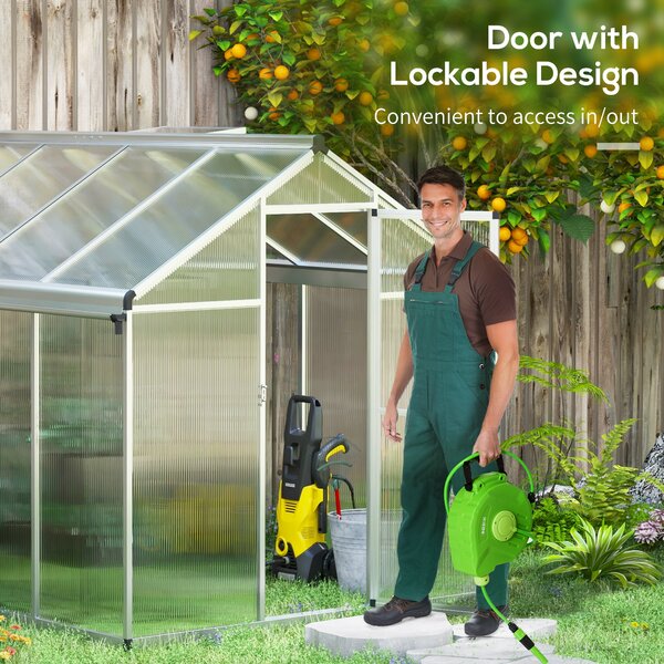 Outsunny 8 x 6 Greenhouse Polycarbonate Greenhouse, Aluminium Frame Walk-In Greenhouse with Rain Gutters and Window, Garden Plants Aosom UK