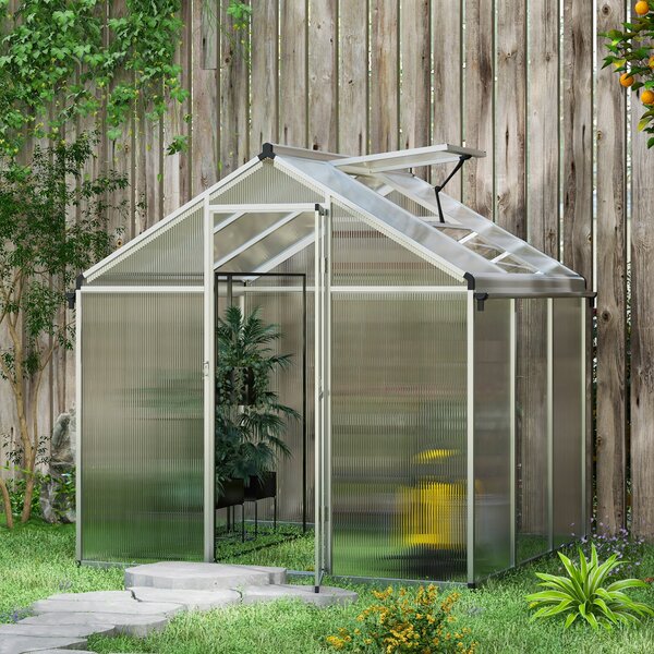 Outsunny 6 x 6ft Polycarbonate Greenhouse with Rain Gutters, Large Walk-In Green House with Window, Garden Plants Grow House with Aluminium Aosom UK