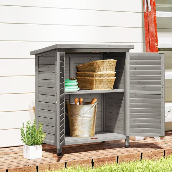 Outsunny Garden Shed Wooden Garden Storage Shed 2 Door Unit Solid Fir Wood Garage Tool Organisation Cabinet, 87L x 46.5W x 96.5Hcm, Grey Aosom UK