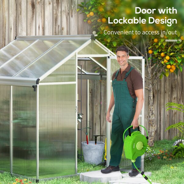 Outsunny 6 x 6ft Polycarbonate Greenhouse with Rain Gutters, Large Walk-In Green House with Window, Garden Plants Grow House with Aluminium Aosom UK