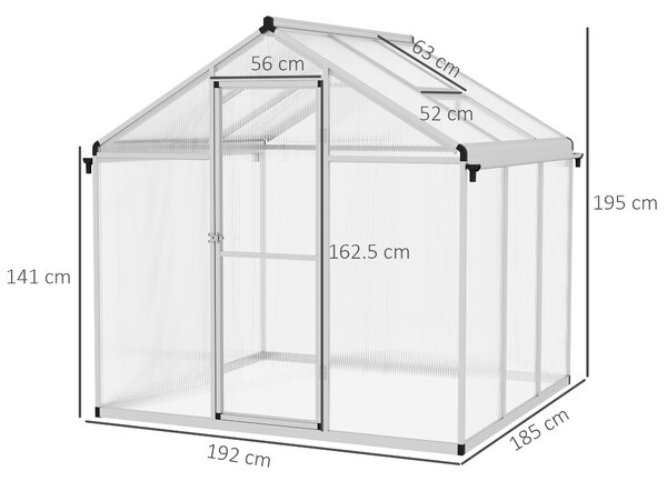 Outsunny 6 x 6ft Polycarbonate Greenhouse with Rain Gutters, Large Walk-In Green House with Window, Garden Plants Grow House with Aluminium Aosom UK