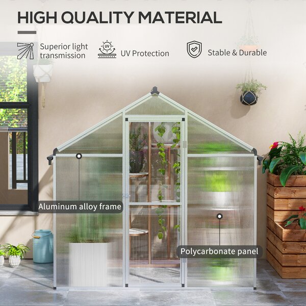 Outsunny 6 x 6ft Polycarbonate Greenhouse with Rain Gutters, Large Walk-In Green House with Window, Garden Plants Grow House with Aluminium Aosom UK