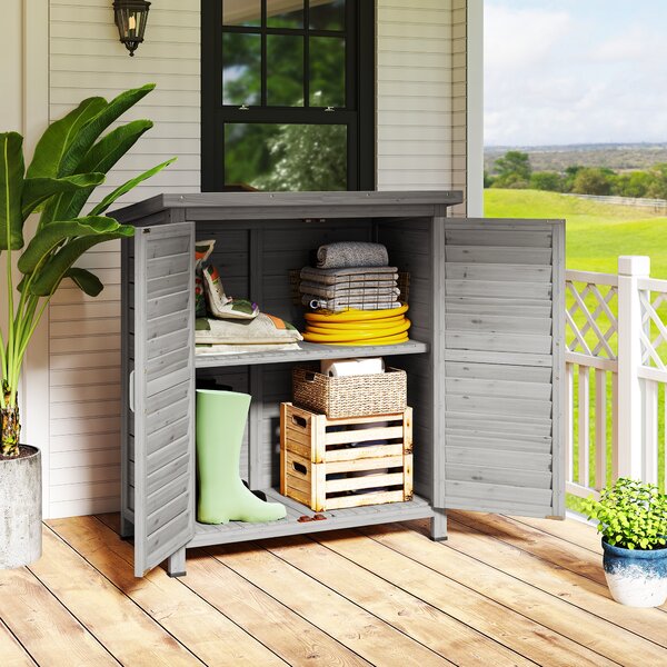 Outsunny Garden Shed Wooden Garden Storage Shed 2 Door Unit Solid Fir Wood Garage Tool Organisation Cabinet, 87L x 46.5W x 96.5Hcm, Grey Aosom UK