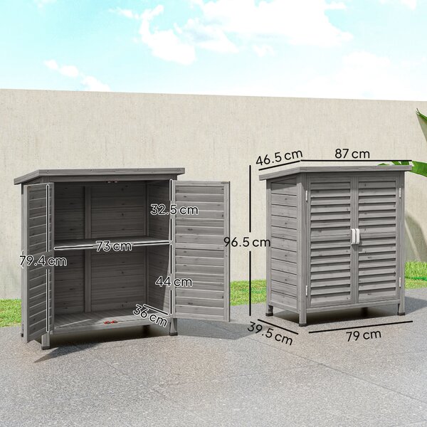 Outsunny Garden Shed Wooden Garden Storage Shed 2 Door Unit Solid Fir Wood Garage Tool Organisation Cabinet, 87L x 46.5W x 96.5Hcm, Grey Aosom UK