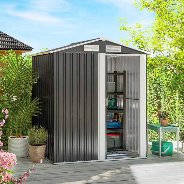 Outsunny 5 x 4ft Metal Garden Shed Storage, Tool Storage Shed with Floor Foundation, Sliding Door and Sloped Roof for Garden, Grey Aosom UK
