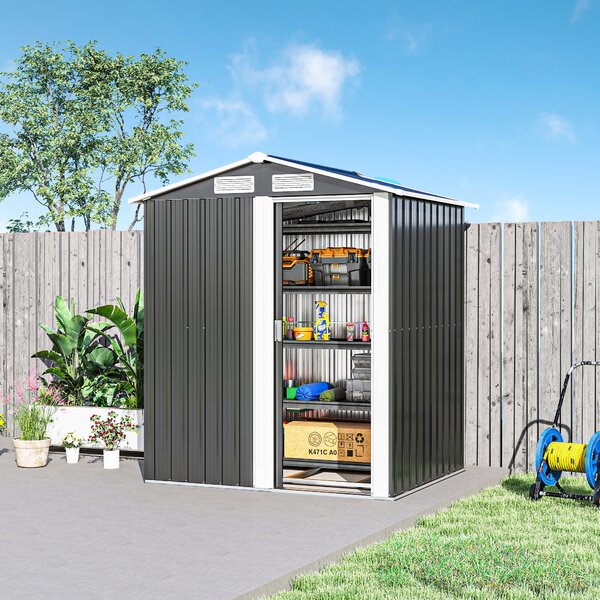 Outsunny 5 x 4ft Metal Garden Shed Storage, Tool Storage Shed with Floor Foundation, Sliding Door and Sloped Roof for Garden, Grey Aosom UK