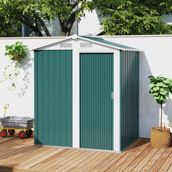 Outsunny 1.5 x 1.3m Garden Storage Shed, Outdoor Tool Organiser with Sliding Door, Sloped Roof & Mental Frame, Green Aosom UK