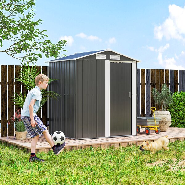 Outsunny 5 x 4ft Metal Garden Shed Storage, Tool Storage Shed with Floor Foundation, Sliding Door and Sloped Roof for Garden, Grey Aosom UK