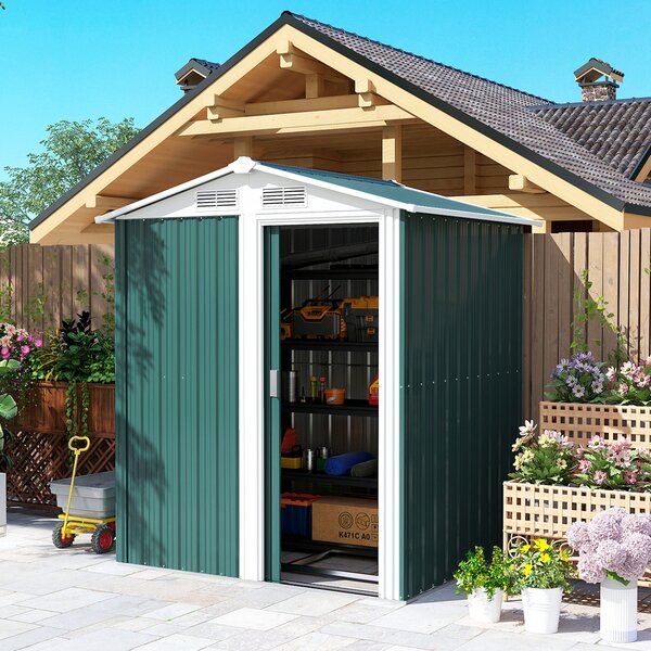 Outsunny 1.5 x 1.3m Garden Storage Shed, Outdoor Tool Organiser with Sliding Door, Sloped Roof & Mental Frame, Green Aosom UK
