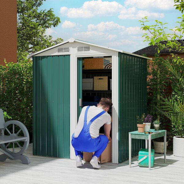 Outsunny 1.5 x 1.3m Garden Storage Shed, Outdoor Tool Organiser with Sliding Door, Sloped Roof & Mental Frame, Green Aosom UK