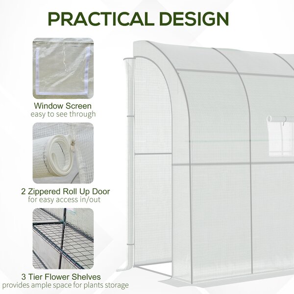 Outsunny Walk-In Lean to Polytunnel Greenhouse with Windows and Doors 2 Tiers 4 Wired Shelves 200L x 100W x 215Hcm White Aosom UK