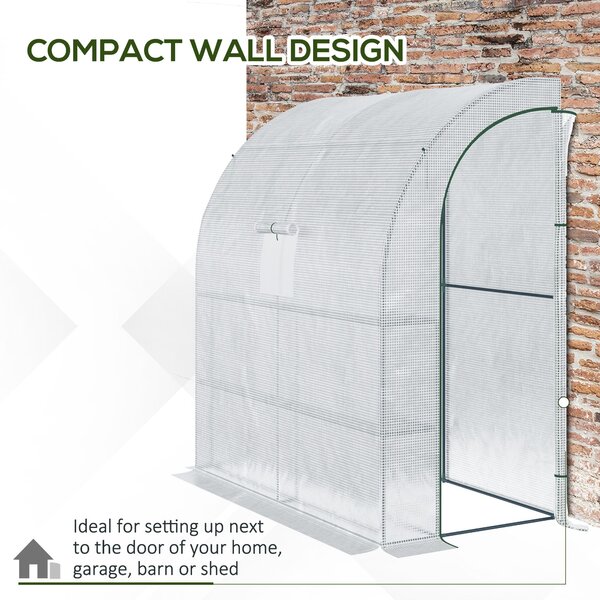 Outsunny Walk-In Lean to Polytunnel Greenhouse with Windows and Doors 2 Tiers 4 Wired Shelves 200L x 100W x 215Hcm White Aosom UK