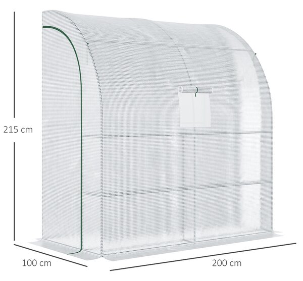 Outsunny Walk-In Lean to Polytunnel Greenhouse with Windows and Doors 2 Tiers 4 Wired Shelves 200L x 100W x 215Hcm White Aosom UK