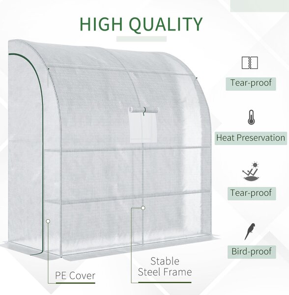 Outsunny Walk-In Lean to Polytunnel Greenhouse with Windows and Doors 2 Tiers 4 Wired Shelves 200L x 100W x 215Hcm White Aosom UK