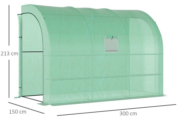 Outsunny Lean to Greenhouse Walk in Greenhouse with Windows & Doors, 2 Tiers 6 Wired Shelves, 300L x 150W x 215Hcm, Green Aosom UK