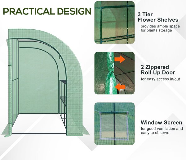 Outsunny Lean to Greenhouse Walk in Greenhouse with Windows & Doors, 2 Tiers 6 Wired Shelves, 300L x 150W x 215Hcm, Green Aosom UK