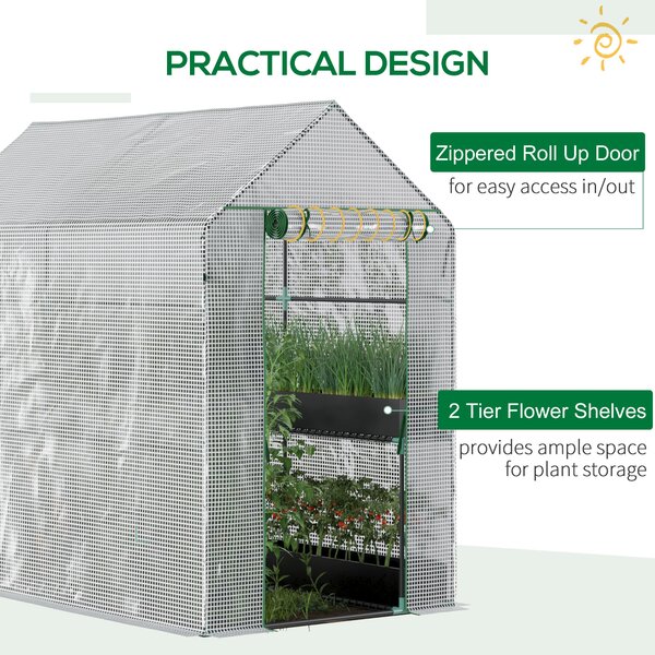 Outsunny Walk in Garden Greenhouse with Shelves Polytunnel Steeple Grow House 186L x 120W 190Hcm White Aosom UK