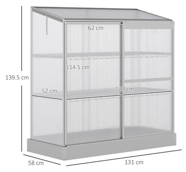 Outsunny 3-Tier Mini Greenhouse Garden Cold Frame Plant Growth House w / Polycarbonate Panels, Openable Roof, 129.5 x 58 x 140 cm, Silver