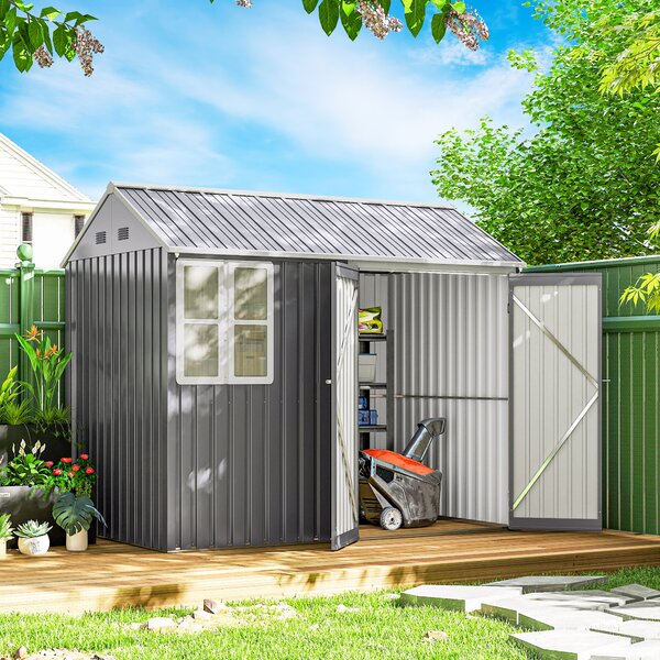 Outsunny 8 x 6 ft Galvanised Garden Shed, Outsoor Metal Storage Shed with Double Doors Window Air Vents for Patio, Lawn, Grey Aosom UK