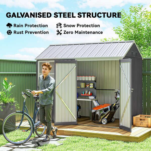 Outsunny 8 x 6 ft Galvanised Garden Shed, Outsoor Metal Storage Shed with Double Doors Window Air Vents for Patio, Lawn, Grey Aosom UK