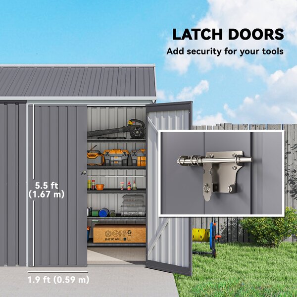 Outsunny 8 x 6 ft Galvanised Garden Shed, Outsoor Metal Storage Shed with Double Doors Window Air Vents for Patio, Lawn, Grey Aosom UK