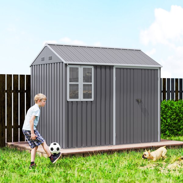 Outsunny 8 x 6 ft Galvanised Garden Shed, Outsoor Metal Storage Shed with Double Doors Window Air Vents for Patio, Lawn, Grey Aosom UK