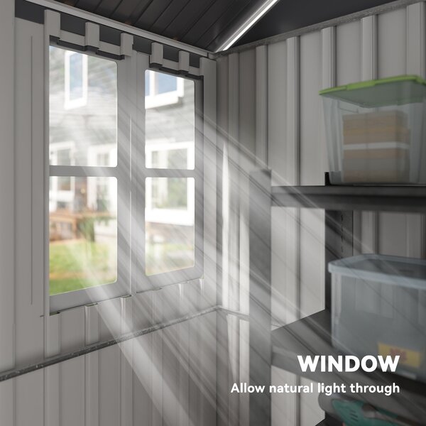 Outsunny 8 x 6 ft Galvanised Garden Shed, Outsoor Metal Storage Shed with Double Doors Window Air Vents for Patio, Lawn, Grey Aosom UK